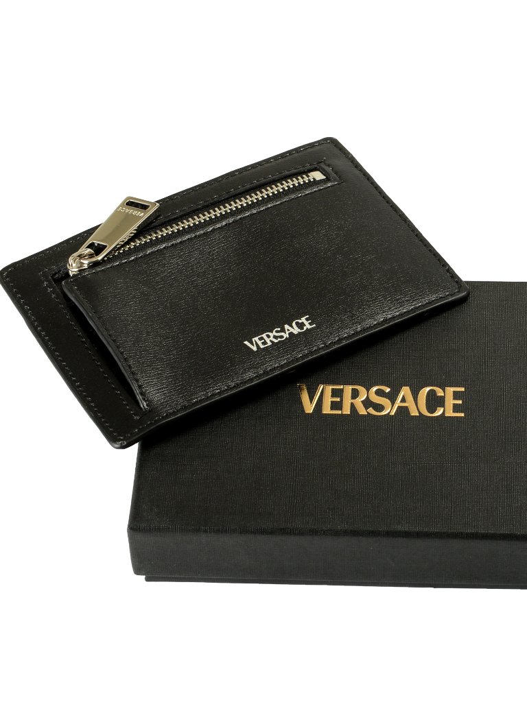 Versace Black 100% Leather Silver Logo Print Card Case Holder